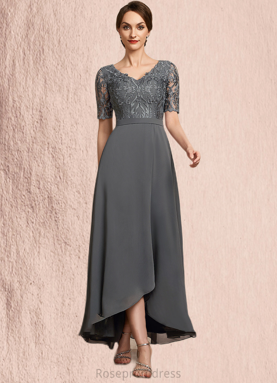 Maleah A-Line V-neck Asymmetrical Chiffon Lace Mother of the Bride Dress SRS126P0014772