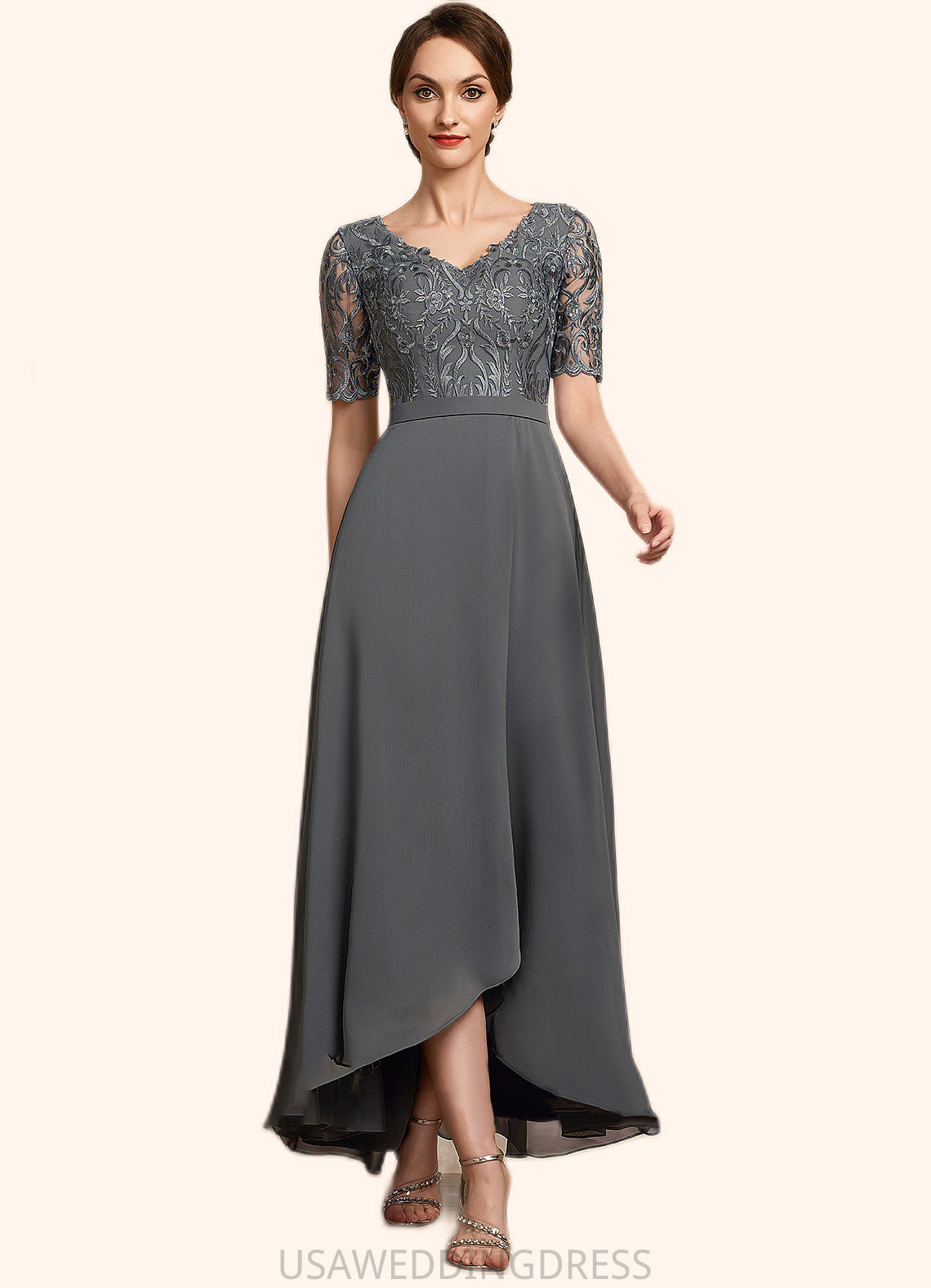 Adison A-Line V-neck Asymmetrical Chiffon Lace Mother of the Bride Dress DS126P0014772