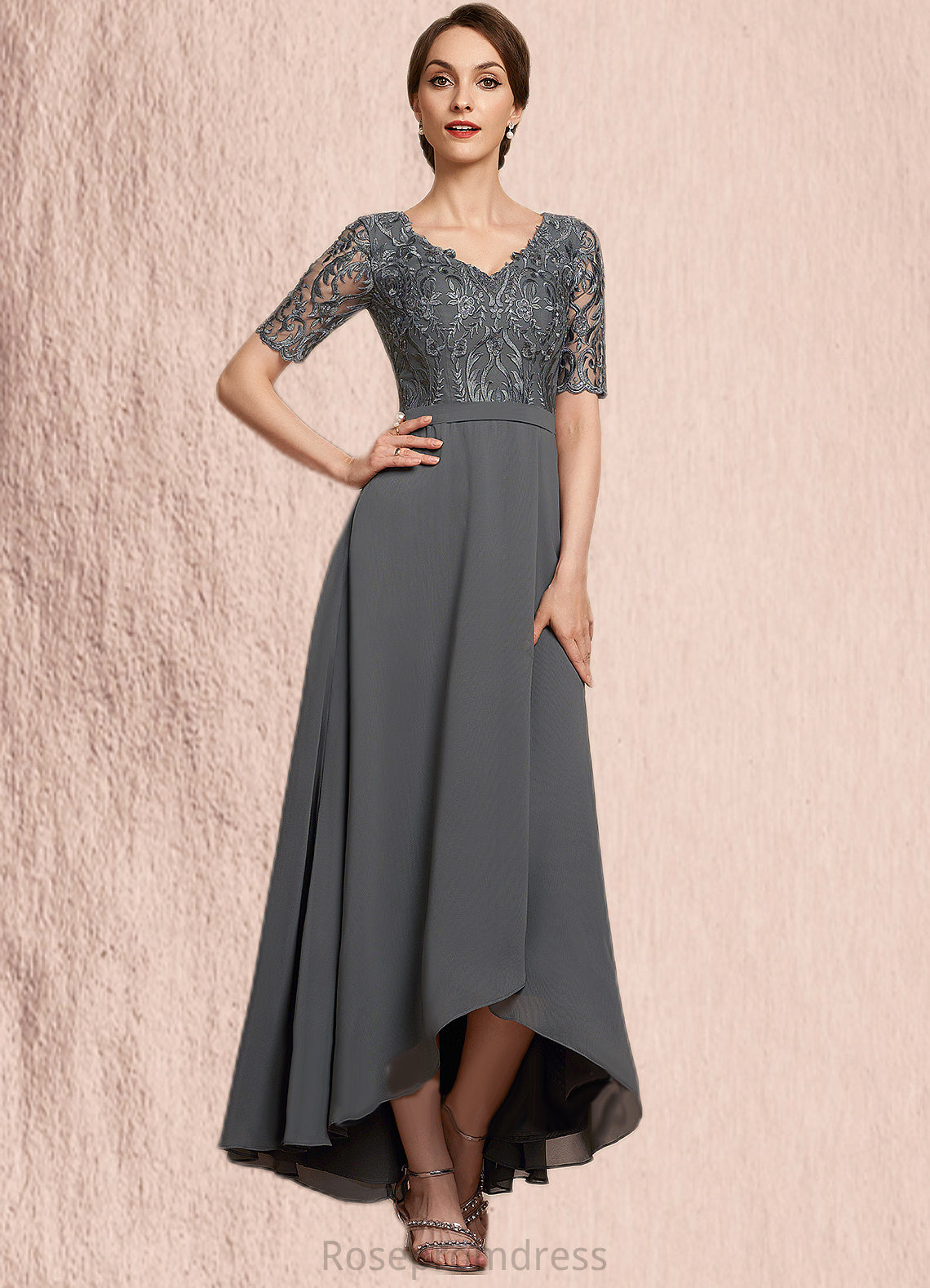 Maleah A-Line V-neck Asymmetrical Chiffon Lace Mother of the Bride Dress SRS126P0014772
