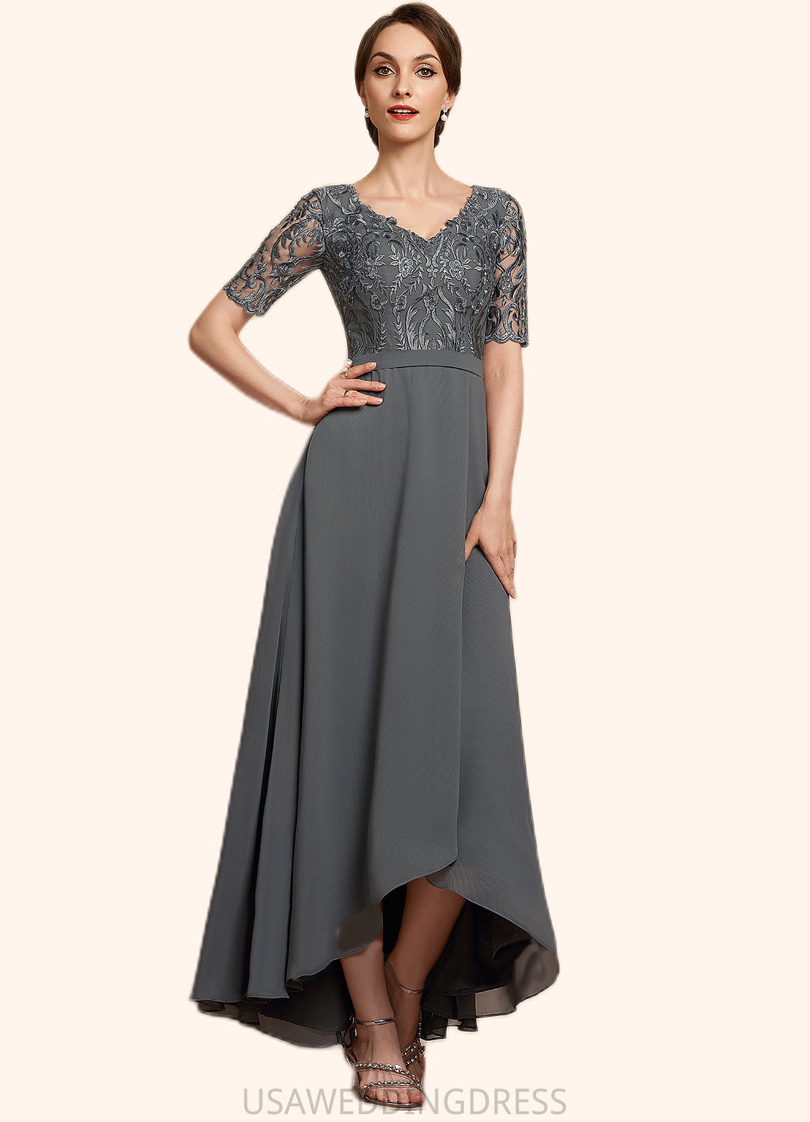 Adison A-Line V-neck Asymmetrical Chiffon Lace Mother of the Bride Dress DS126P0014772