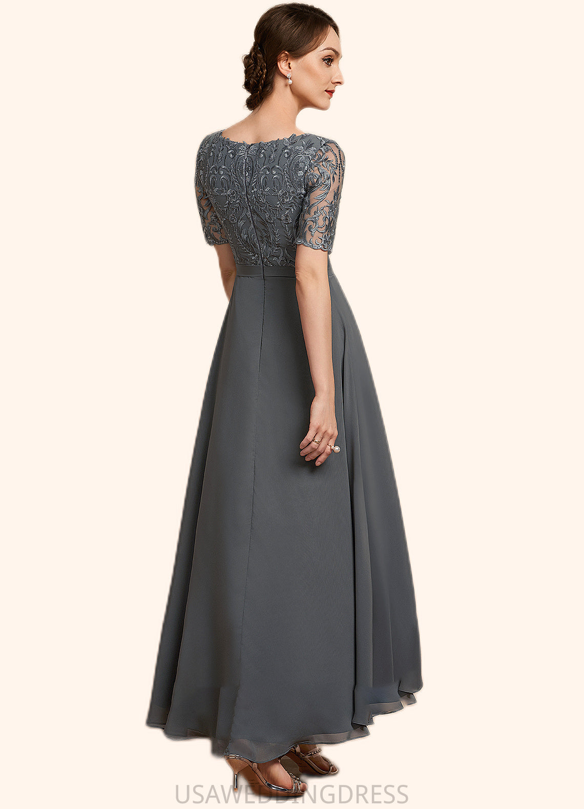 Adison A-Line V-neck Asymmetrical Chiffon Lace Mother of the Bride Dress DS126P0014772