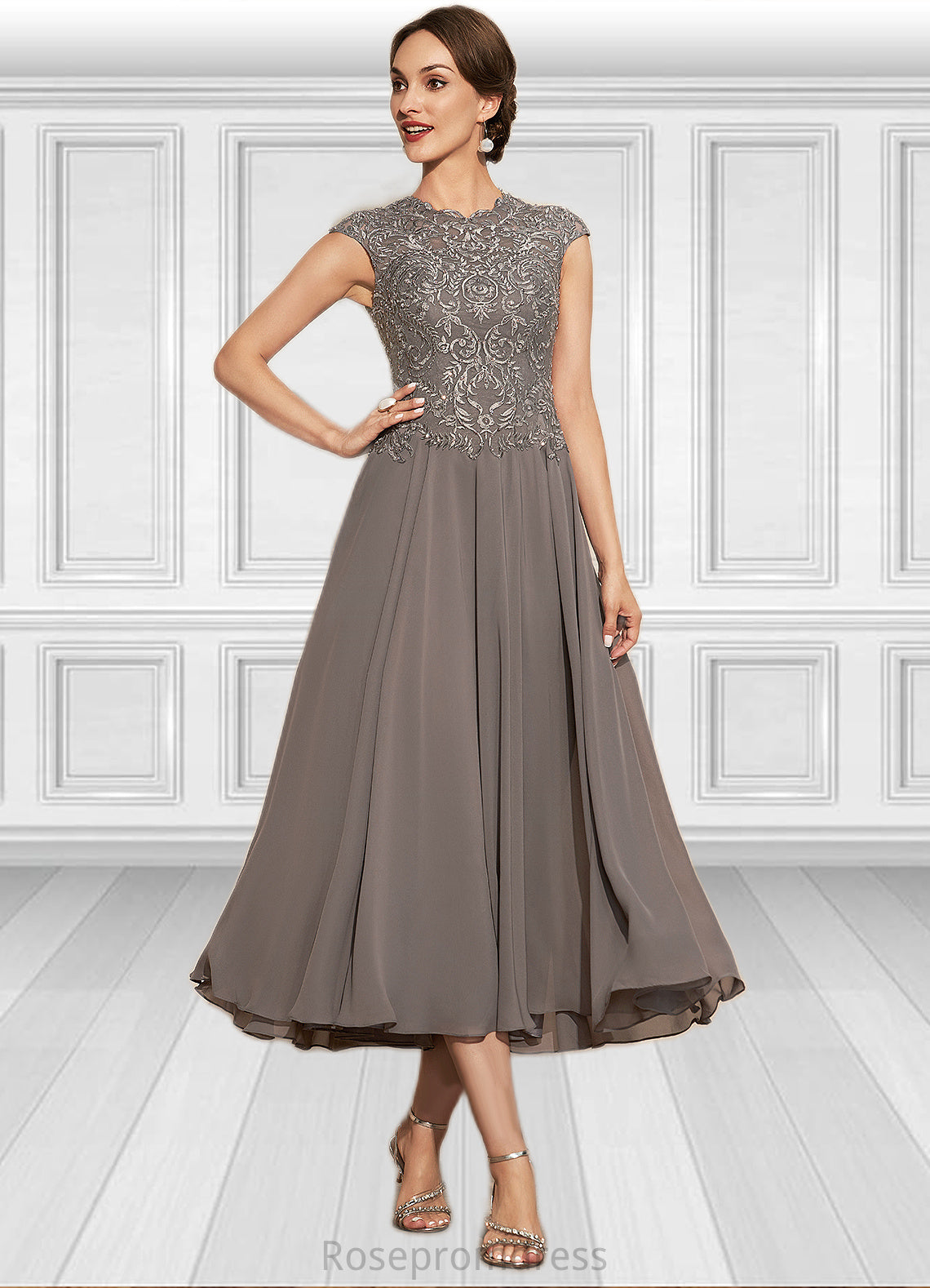 Aurora A-Line Scoop Neck Tea-Length Chiffon Lace Mother of the Bride Dress With Beading SRS126P0014774