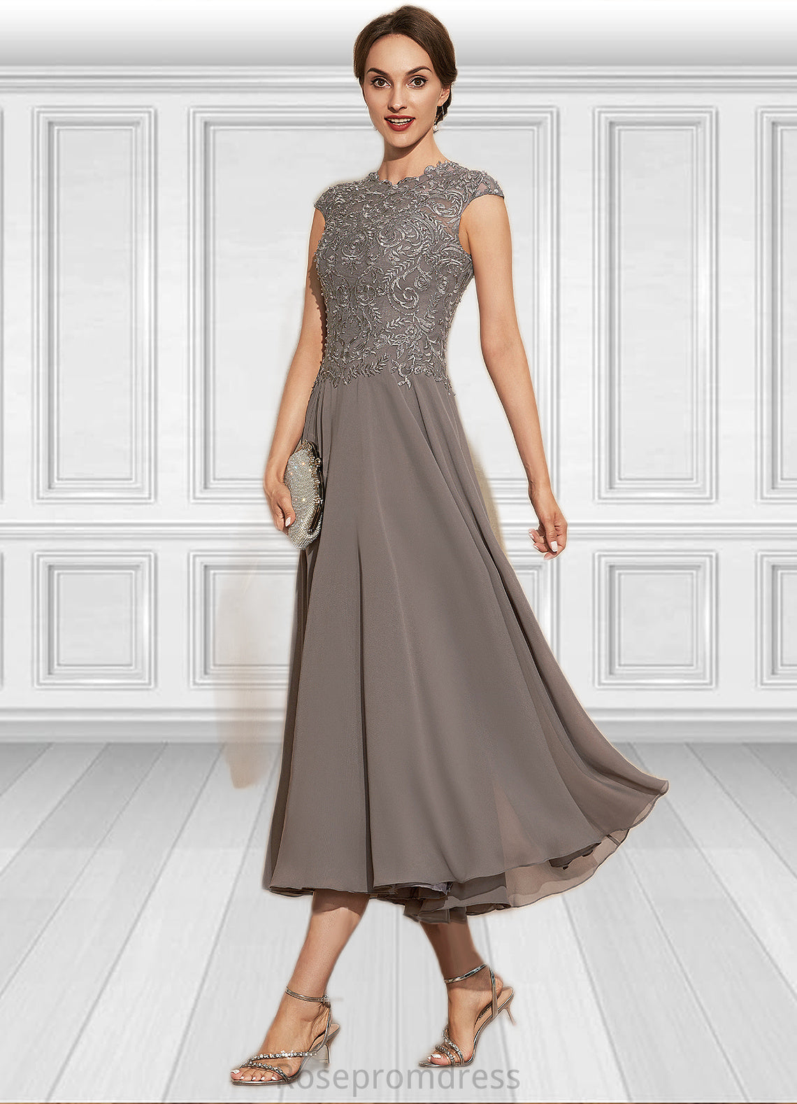 Aurora A-Line Scoop Neck Tea-Length Chiffon Lace Mother of the Bride Dress With Beading SRS126P0014774