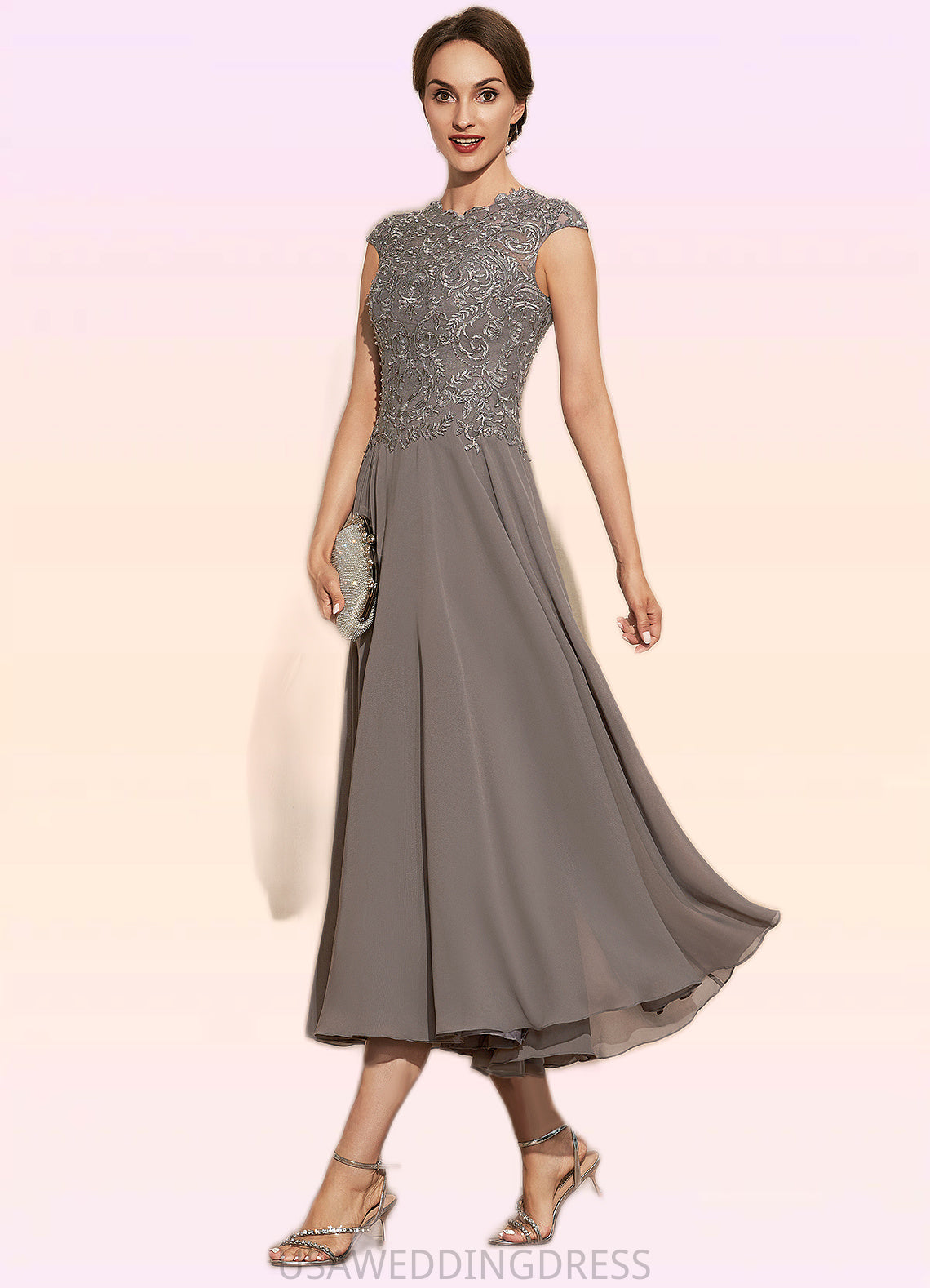Karla A-Line Scoop Neck Tea-Length Chiffon Lace Mother of the Bride Dress With Beading DS126P0014774