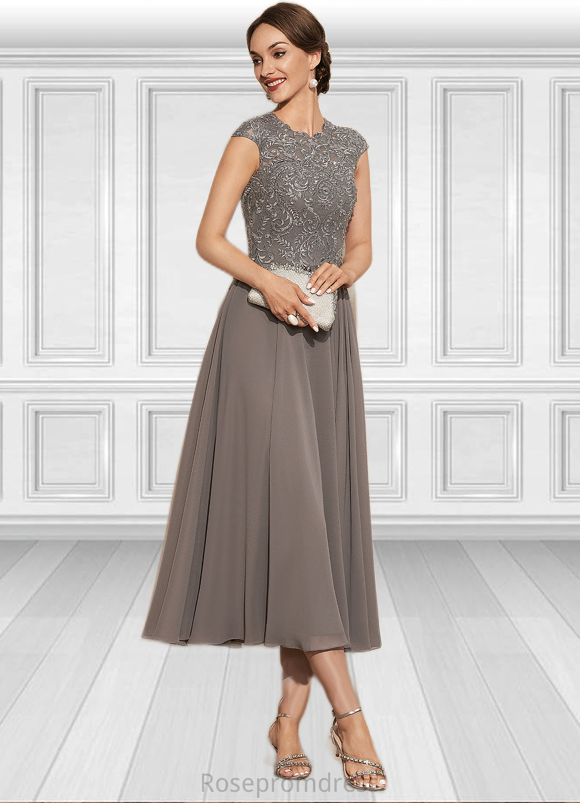 Aurora A-Line Scoop Neck Tea-Length Chiffon Lace Mother of the Bride Dress With Beading SRS126P0014774
