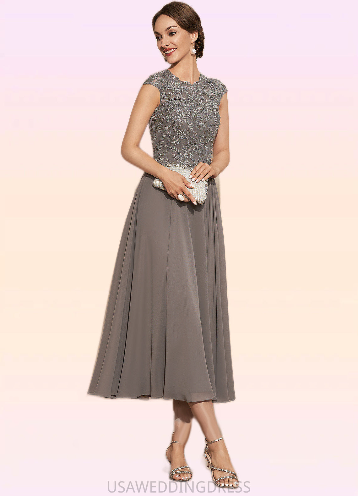 Karla A-Line Scoop Neck Tea-Length Chiffon Lace Mother of the Bride Dress With Beading DS126P0014774