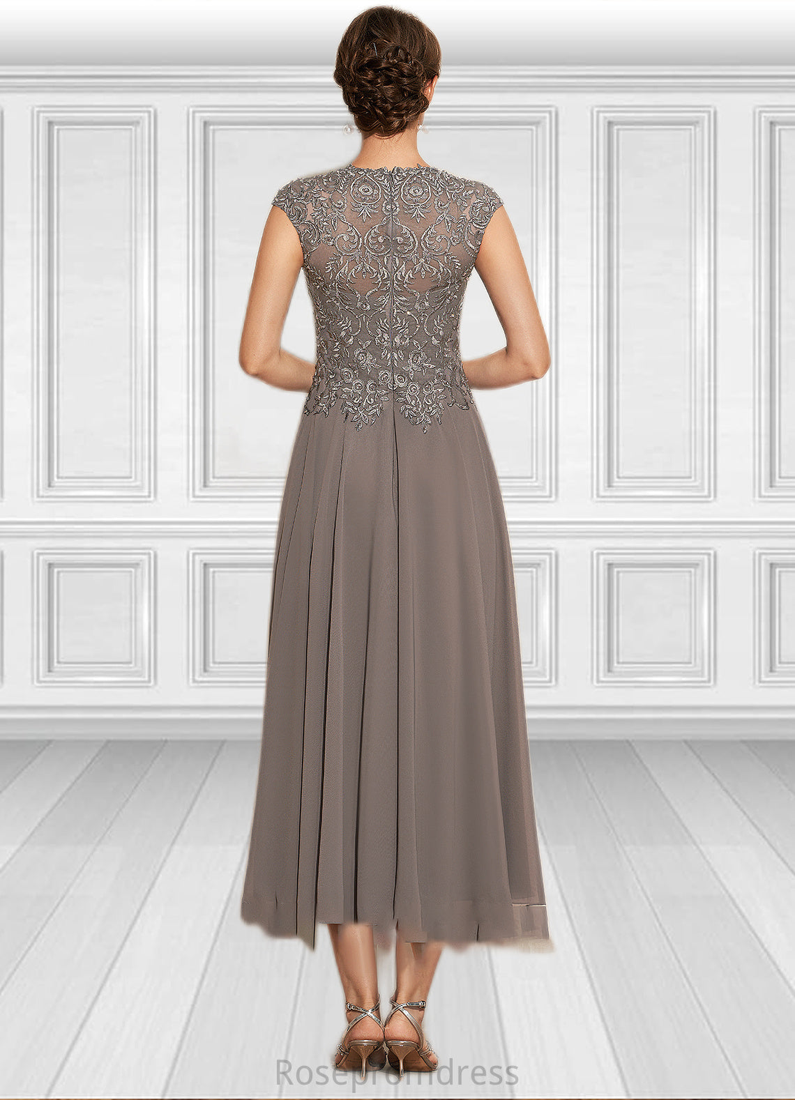 Aurora A-Line Scoop Neck Tea-Length Chiffon Lace Mother of the Bride Dress With Beading SRS126P0014774