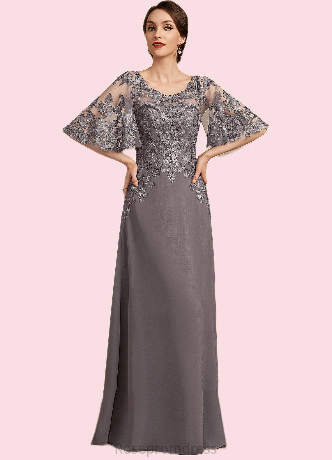 Cherish A-Line Scoop Neck Floor-Length Chiffon Lace Mother of the Bride Dress With Sequins SRS126P0014776