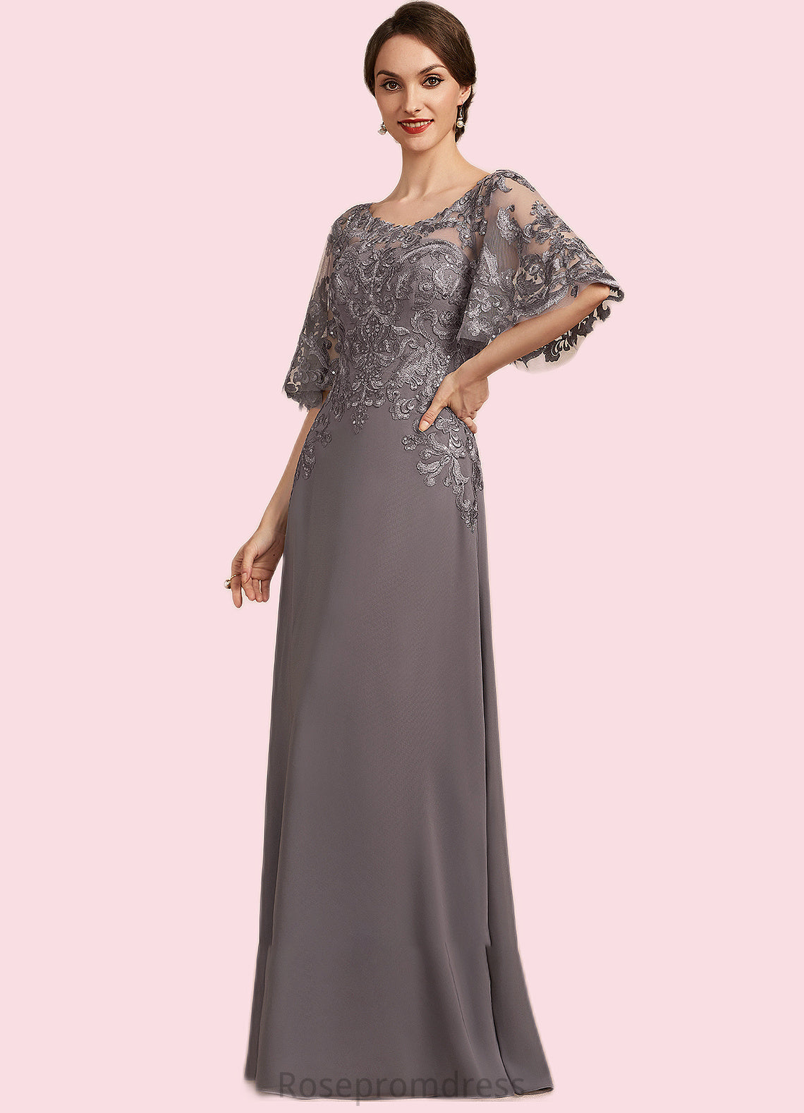 Cherish A-Line Scoop Neck Floor-Length Chiffon Lace Mother of the Bride Dress With Sequins SRS126P0014776