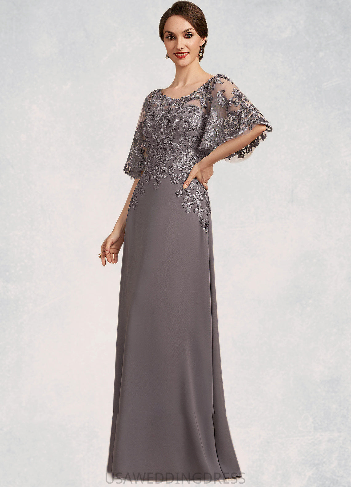 Cadence A-Line Scoop Neck Floor-Length Chiffon Lace Mother of the Bride Dress With Sequins DS126P0014776
