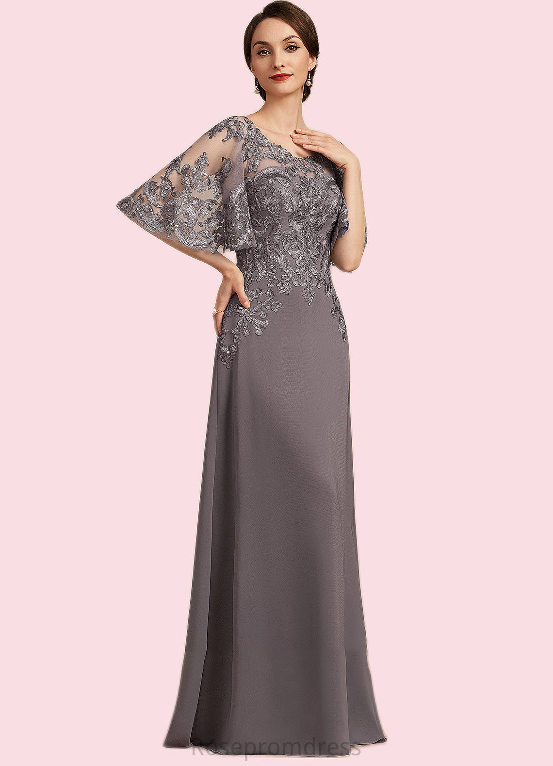 Cherish A-Line Scoop Neck Floor-Length Chiffon Lace Mother of the Bride Dress With Sequins SRS126P0014776