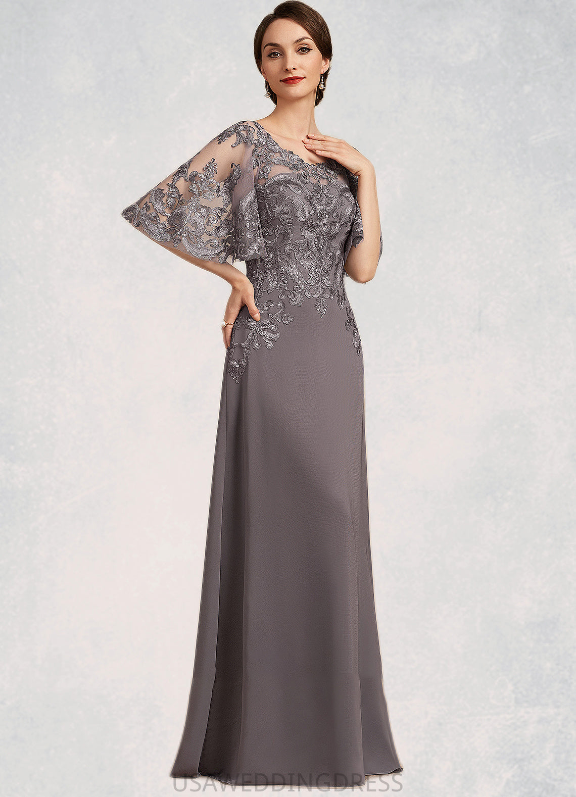Cadence A-Line Scoop Neck Floor-Length Chiffon Lace Mother of the Bride Dress With Sequins DS126P0014776