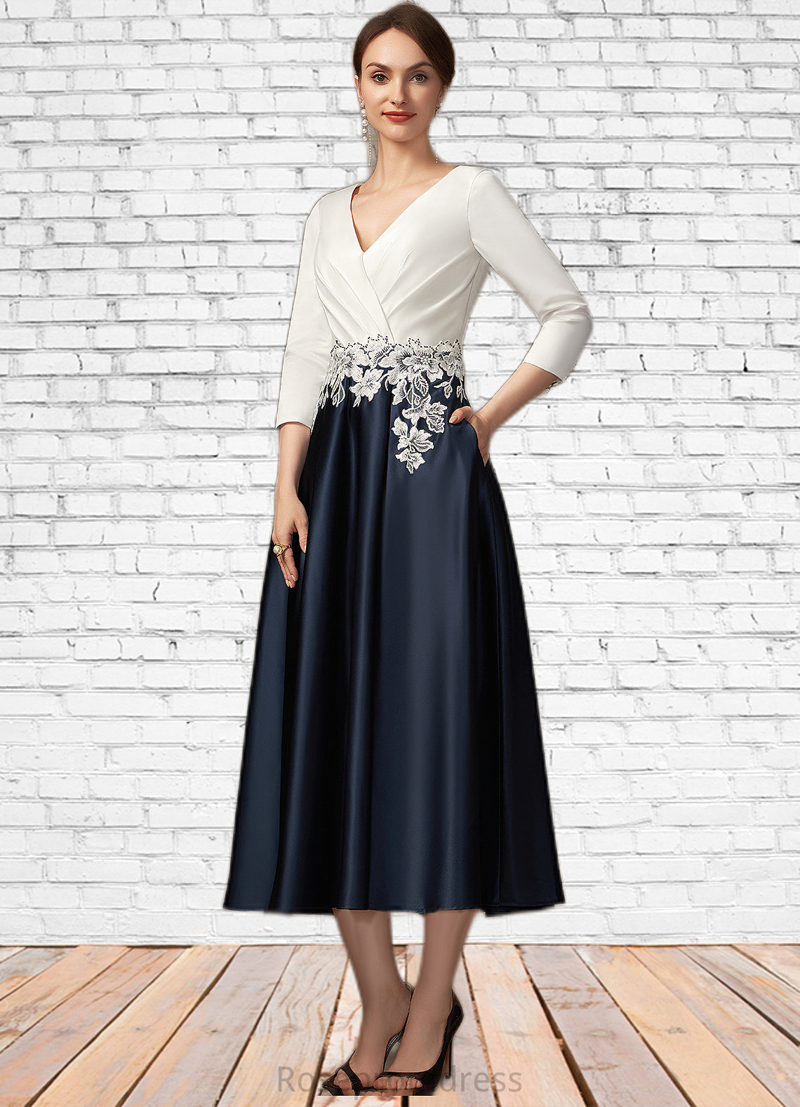Jazmin A-Line V-neck Tea-Length Satin Mother of the Bride Dress With Ruffle Appliques Lace Pockets SRS126P0014778