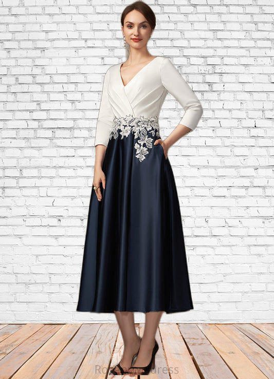 Jazmin A-Line V-neck Tea-Length Satin Mother of the Bride Dress With Ruffle Appliques Lace Pockets SRS126P0014778