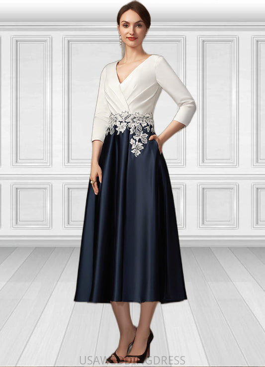 Hazel A-Line V-neck Tea-Length Satin Mother of the Bride Dress With Ruffle Appliques Lace Pockets DS126P0014778