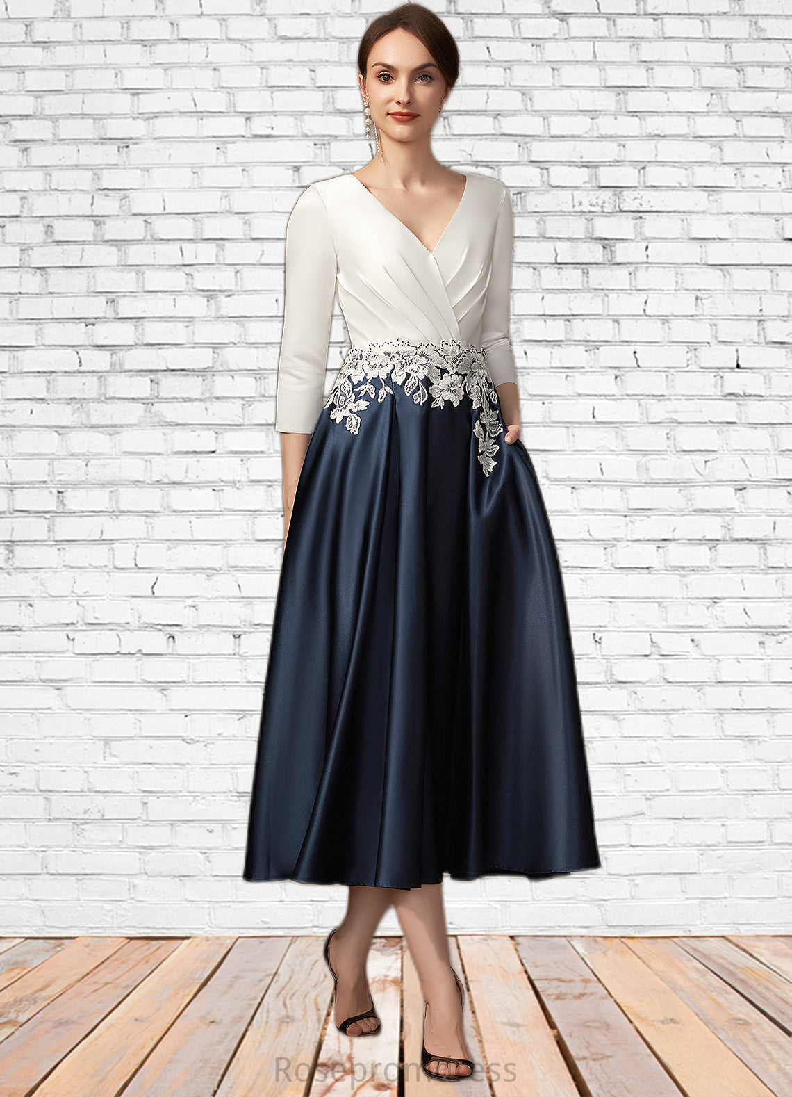 Jazmin A-Line V-neck Tea-Length Satin Mother of the Bride Dress With Ruffle Appliques Lace Pockets SRS126P0014778
