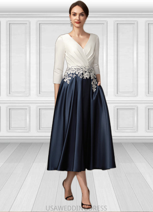 Hazel A-Line V-neck Tea-Length Satin Mother of the Bride Dress With Ruffle Appliques Lace Pockets DS126P0014778