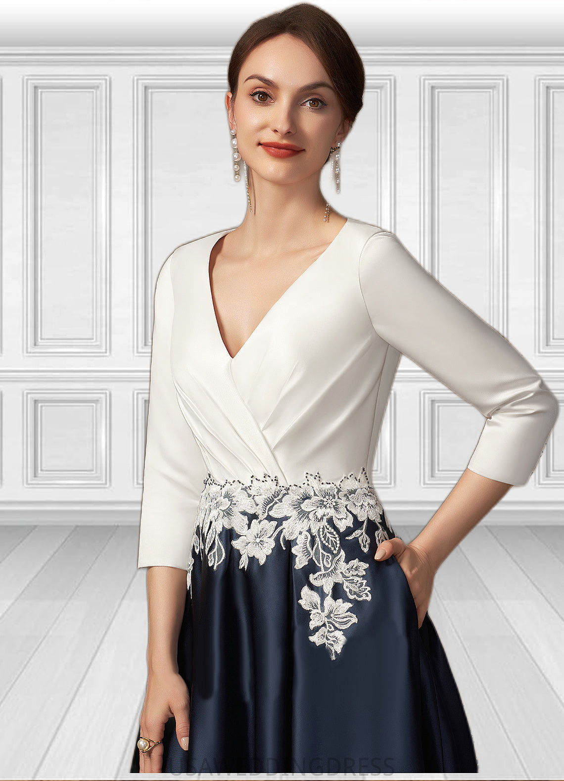 Hazel A-Line V-neck Tea-Length Satin Mother of the Bride Dress With Ruffle Appliques Lace Pockets DS126P0014778