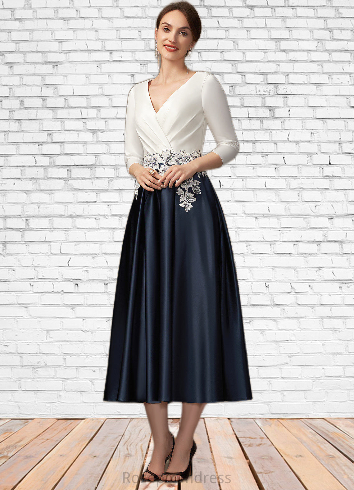 Jazmin A-Line V-neck Tea-Length Satin Mother of the Bride Dress With Ruffle Appliques Lace Pockets SRS126P0014778