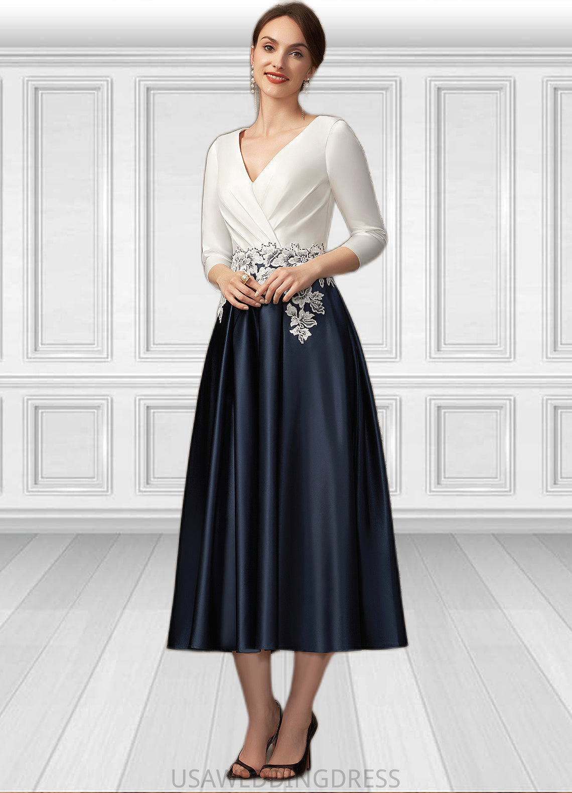 Hazel A-Line V-neck Tea-Length Satin Mother of the Bride Dress With Ruffle Appliques Lace Pockets DS126P0014778