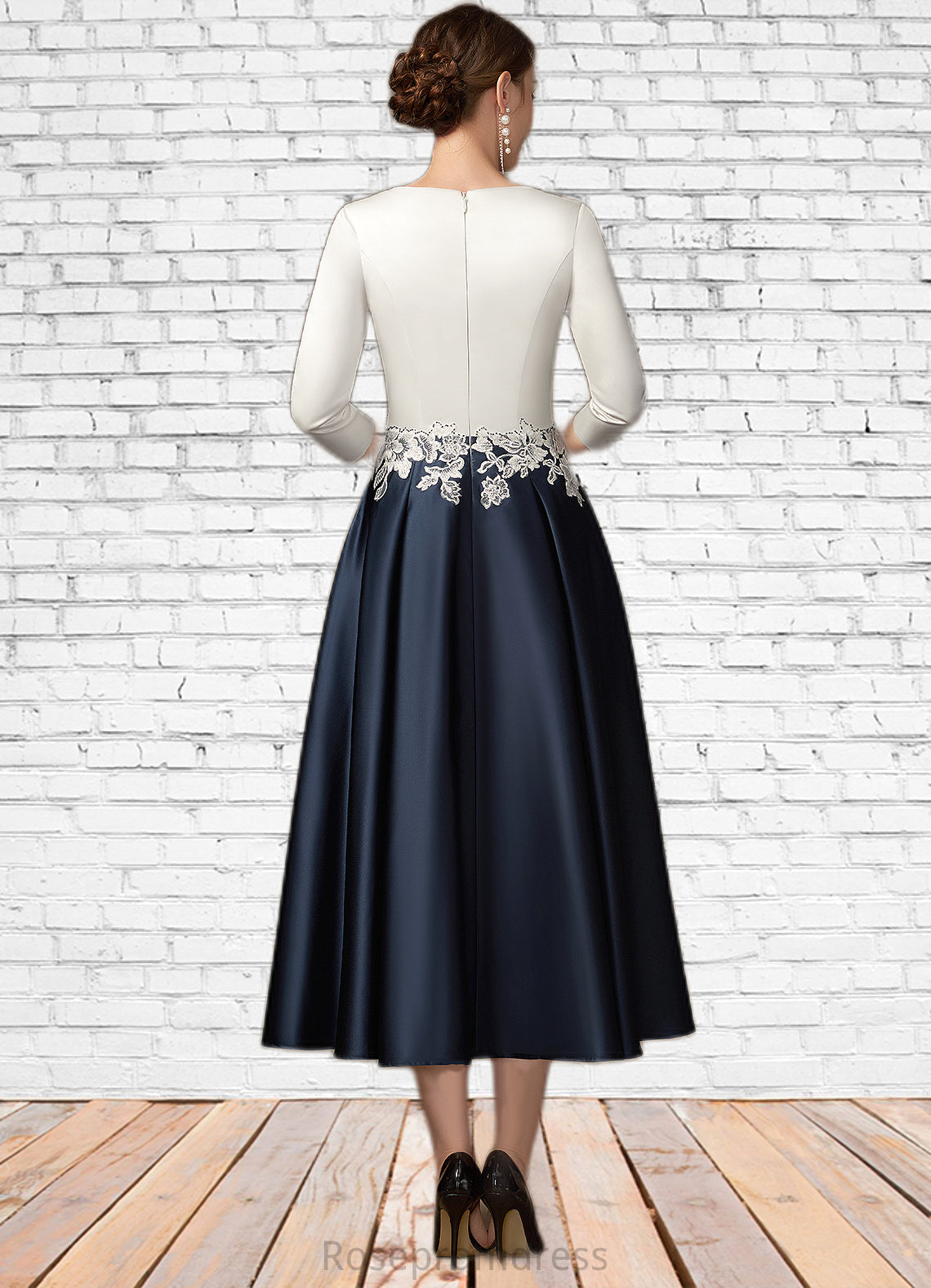 Jazmin A-Line V-neck Tea-Length Satin Mother of the Bride Dress With Ruffle Appliques Lace Pockets SRS126P0014778