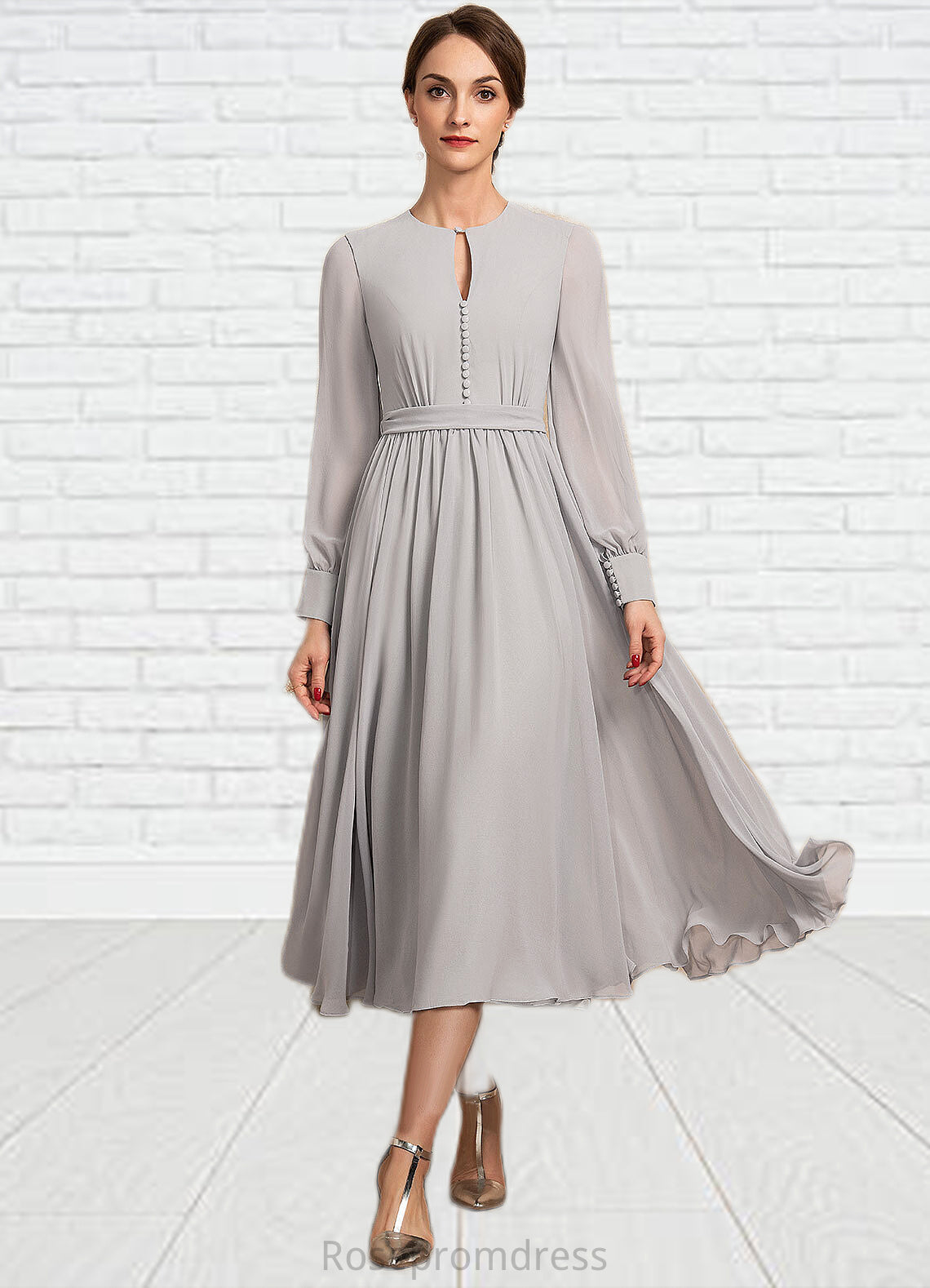 Eleanor A-Line Scoop Neck Tea-Length Chiffon Mother of the Bride Dress With Bow(s) SRS126P0014779