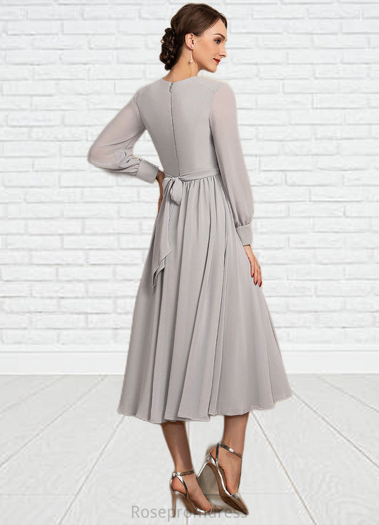 Eleanor A-Line Scoop Neck Tea-Length Chiffon Mother of the Bride Dress With Bow(s) SRS126P0014779