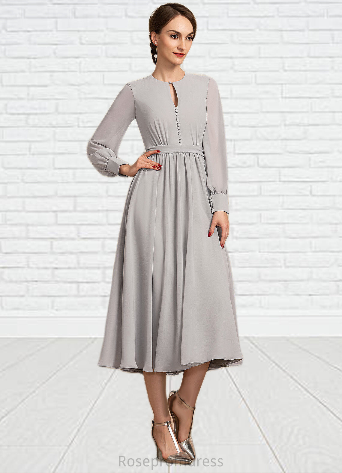 Eleanor A-Line Scoop Neck Tea-Length Chiffon Mother of the Bride Dress With Bow(s) SRS126P0014779