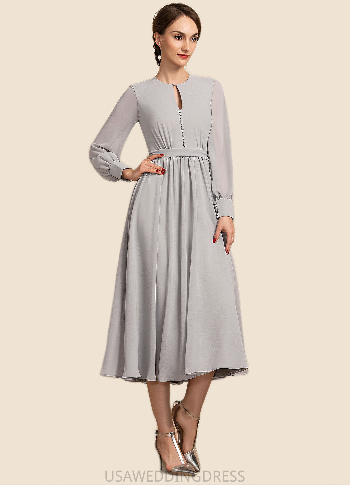 Millie A-Line Scoop Neck Tea-Length Chiffon Mother of the Bride Dress With Bow(s) DS126P0014779