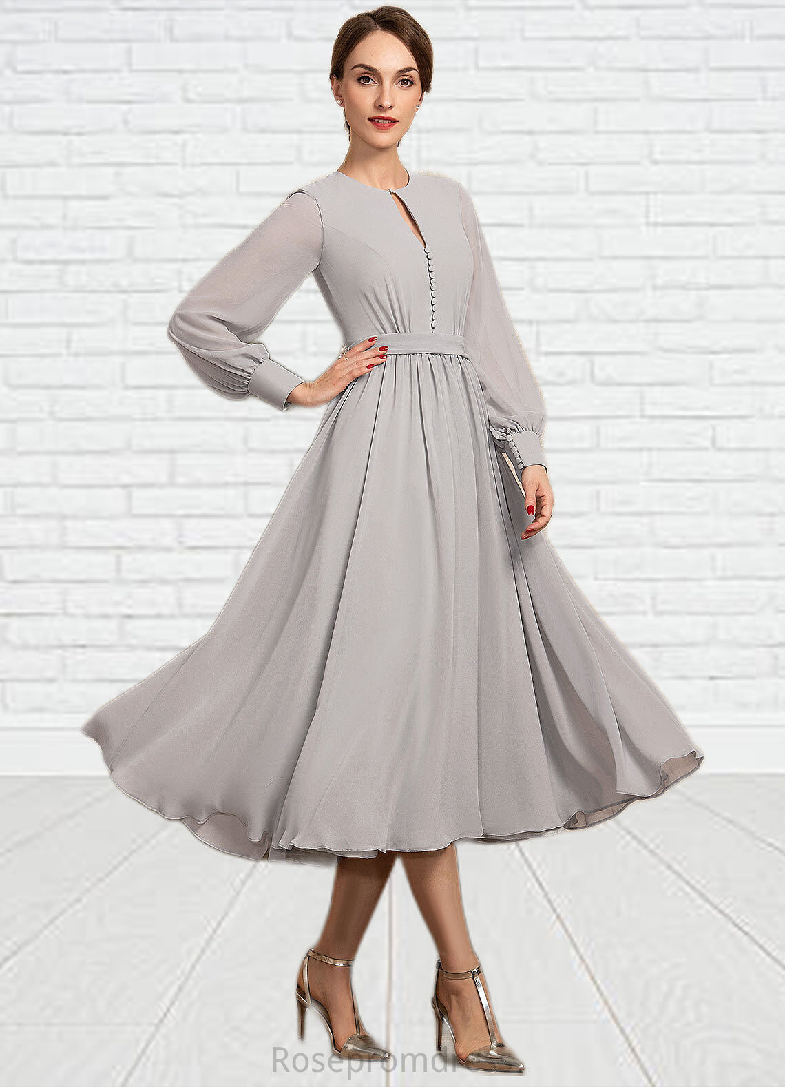 Eleanor A-Line Scoop Neck Tea-Length Chiffon Mother of the Bride Dress With Bow(s) SRS126P0014779