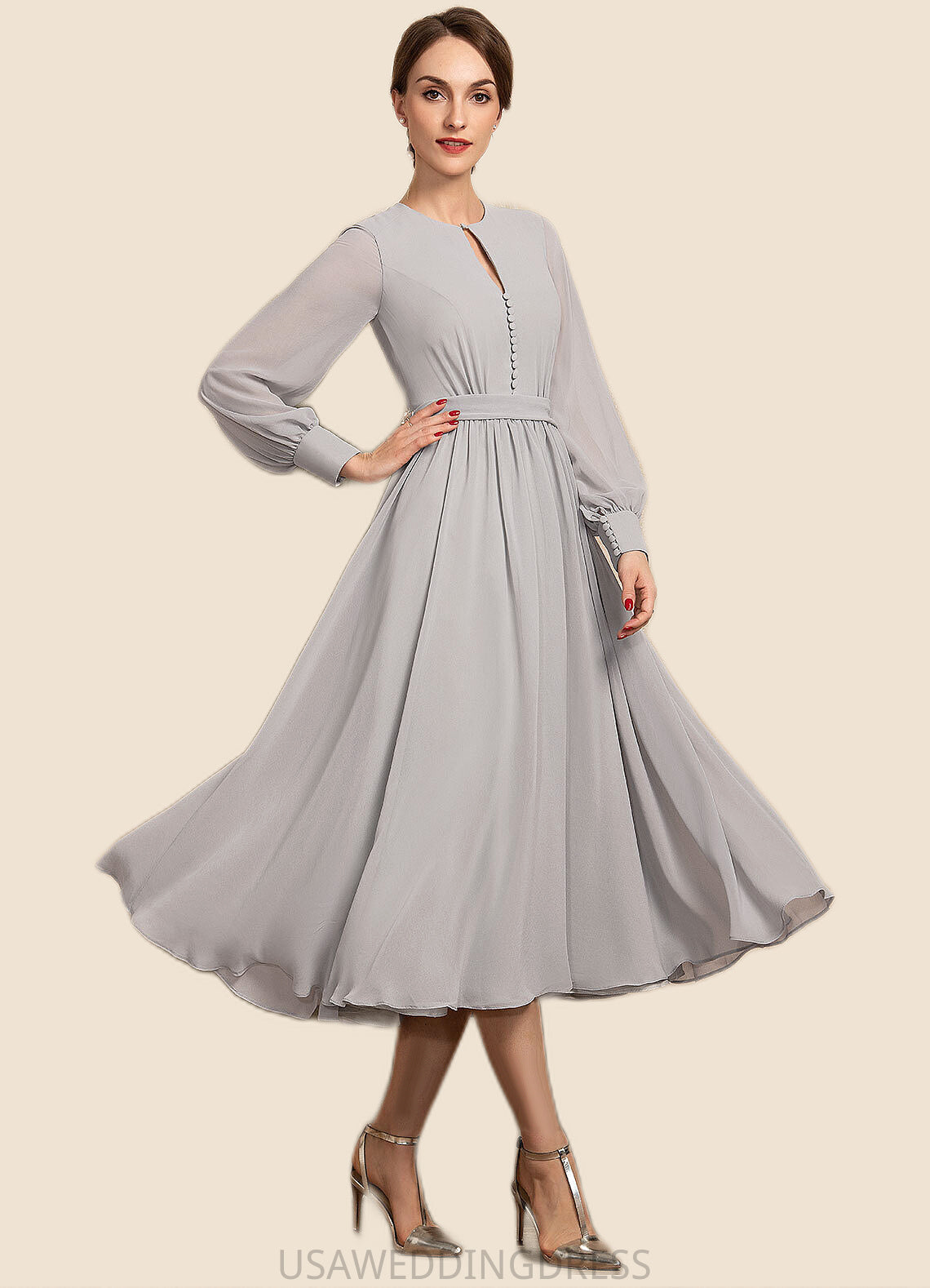 Millie A-Line Scoop Neck Tea-Length Chiffon Mother of the Bride Dress With Bow(s) DS126P0014779