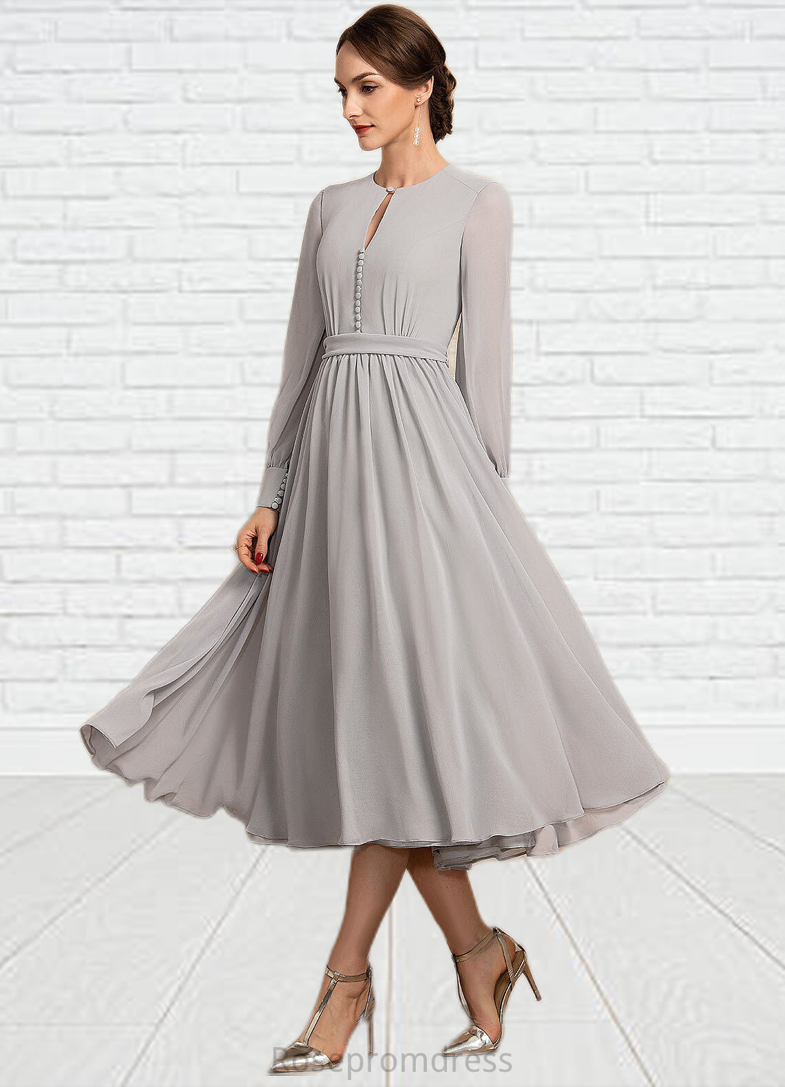Eleanor A-Line Scoop Neck Tea-Length Chiffon Mother of the Bride Dress With Bow(s) SRS126P0014779