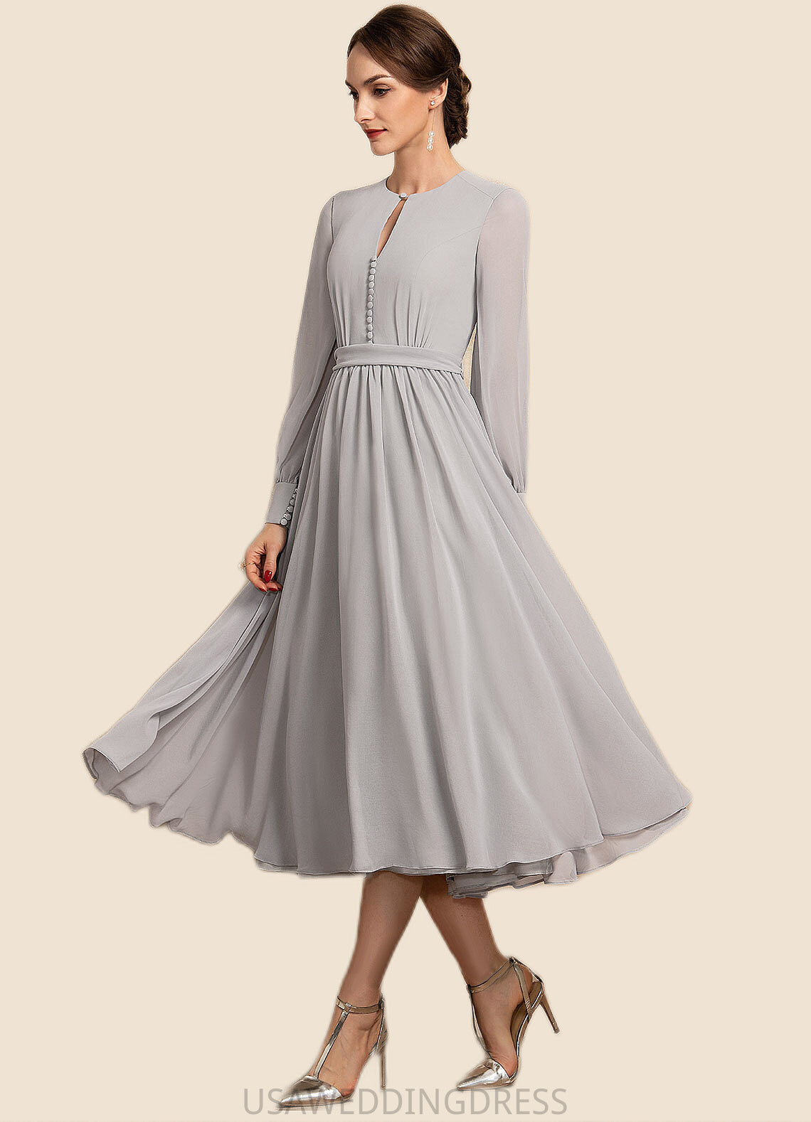 Millie A-Line Scoop Neck Tea-Length Chiffon Mother of the Bride Dress With Bow(s) DS126P0014779