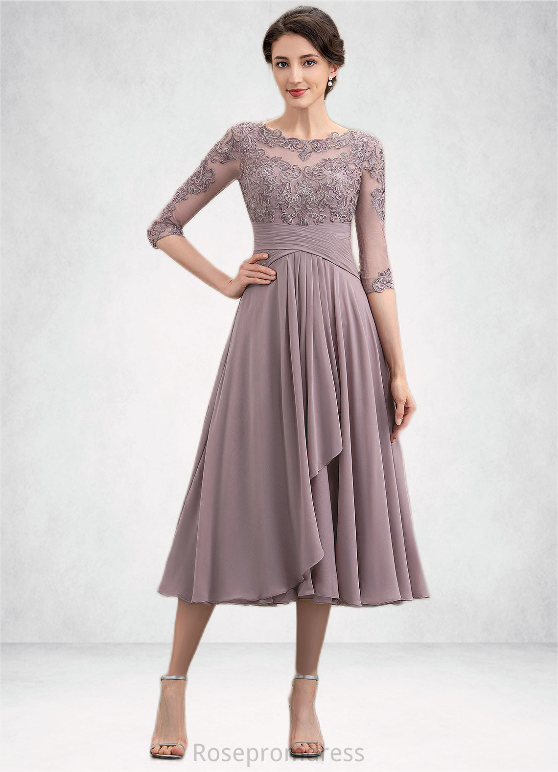 Kenley A-Line Scoop Neck Tea-Length Chiffon Lace Mother of the Bride Dress With Cascading Ruffles SRS126P0014780