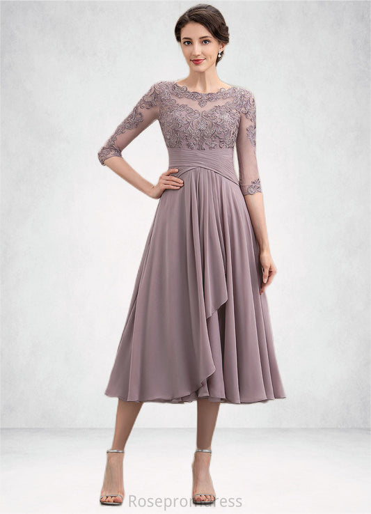 Kenley A-Line Scoop Neck Tea-Length Chiffon Lace Mother of the Bride Dress With Cascading Ruffles SRS126P0014780