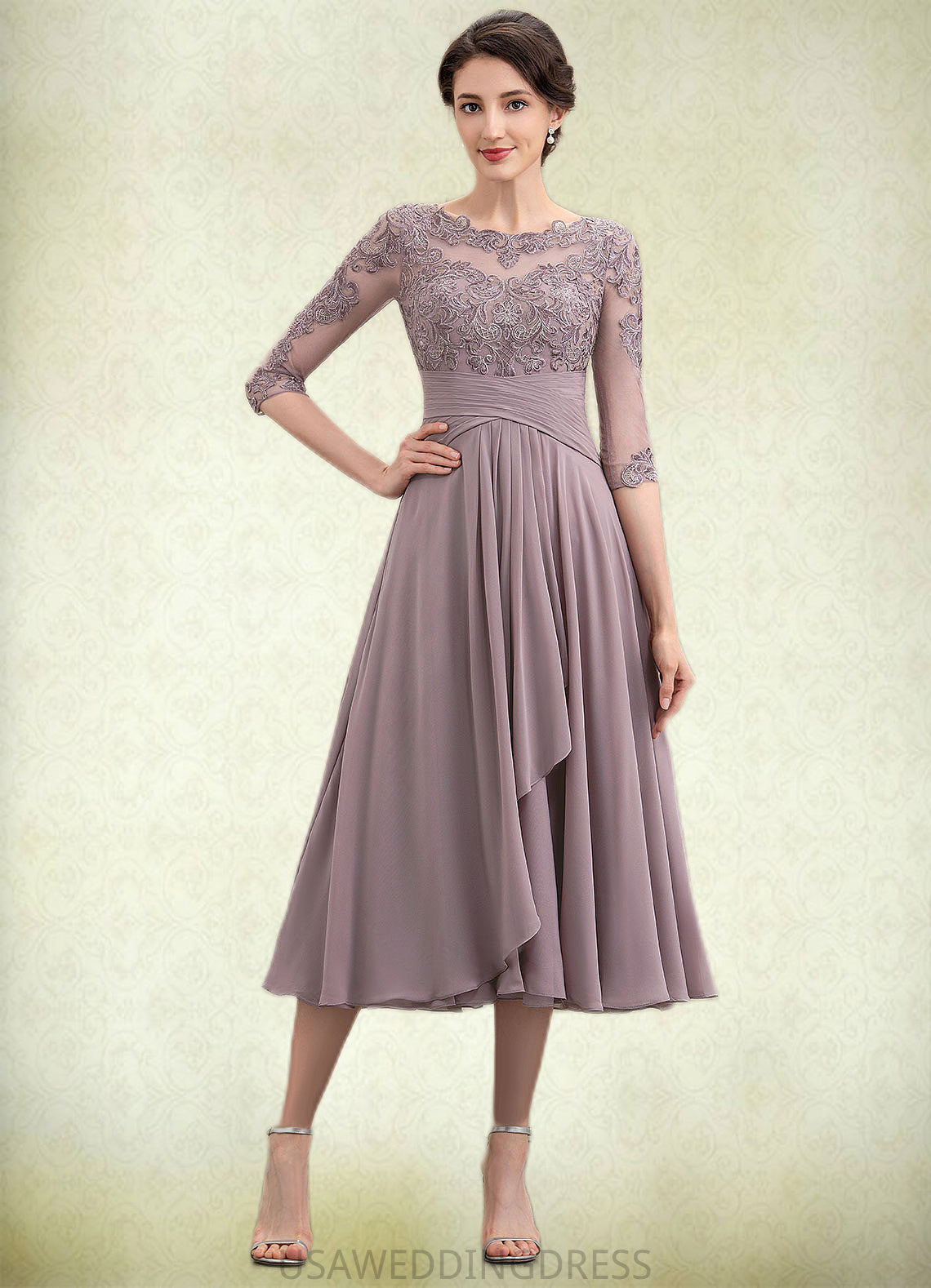 Brooklyn A-Line Scoop Neck Tea-Length Chiffon Lace Mother of the Bride Dress With Cascading Ruffles DS126P0014780