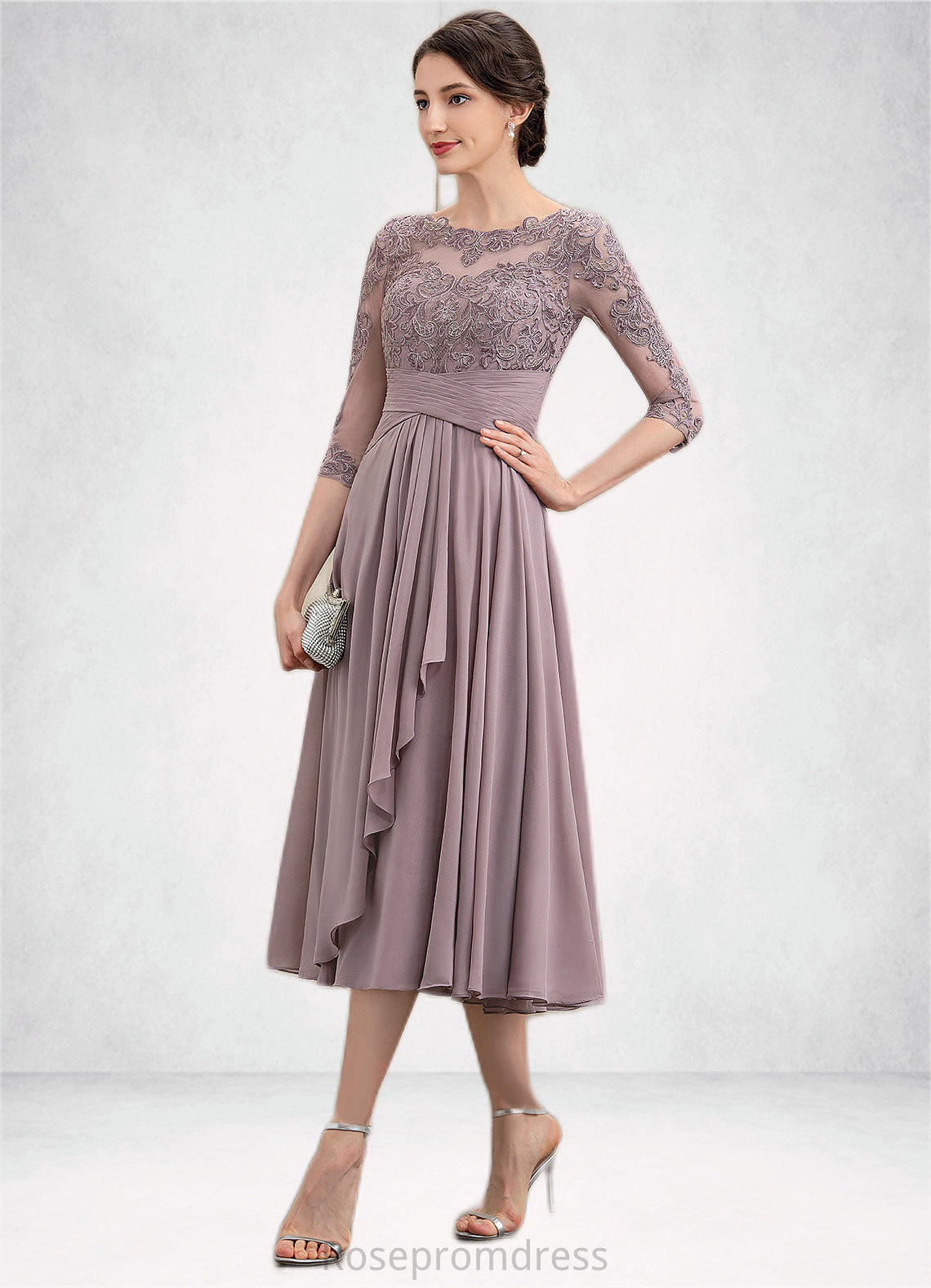 Kenley A-Line Scoop Neck Tea-Length Chiffon Lace Mother of the Bride Dress With Cascading Ruffles SRS126P0014780