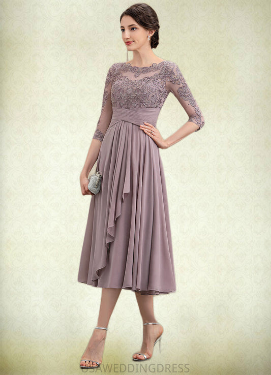 Brooklyn A-Line Scoop Neck Tea-Length Chiffon Lace Mother of the Bride Dress With Cascading Ruffles DS126P0014780