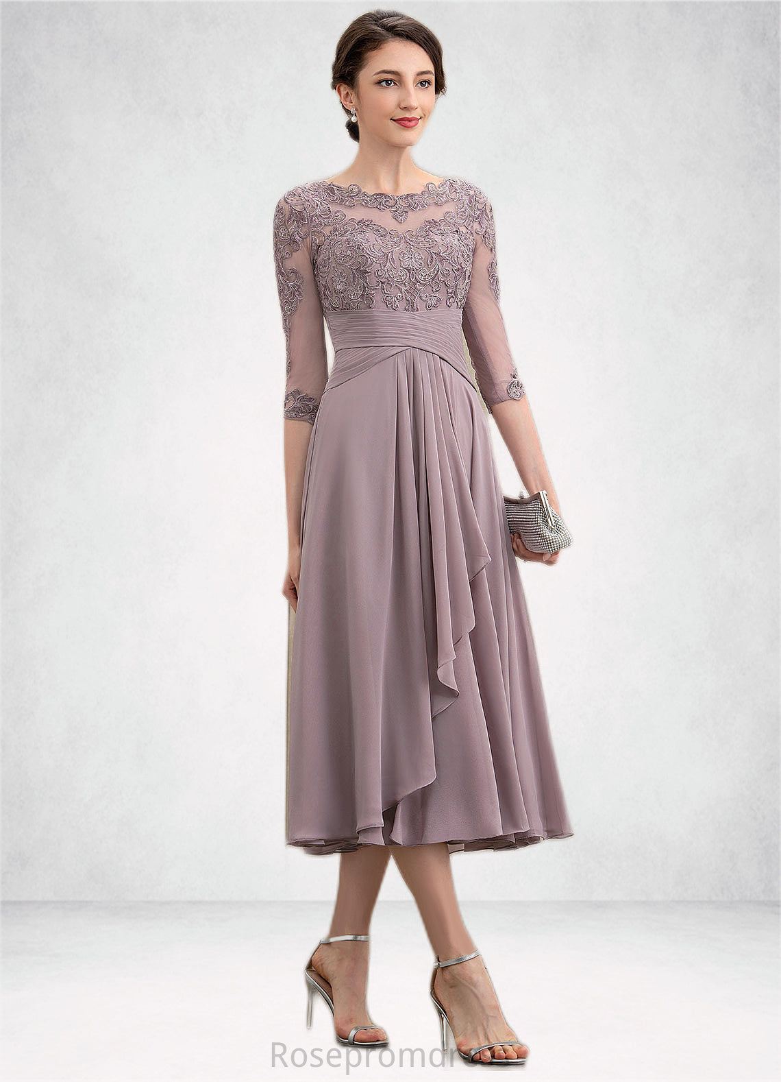 Kenley A-Line Scoop Neck Tea-Length Chiffon Lace Mother of the Bride Dress With Cascading Ruffles SRS126P0014780