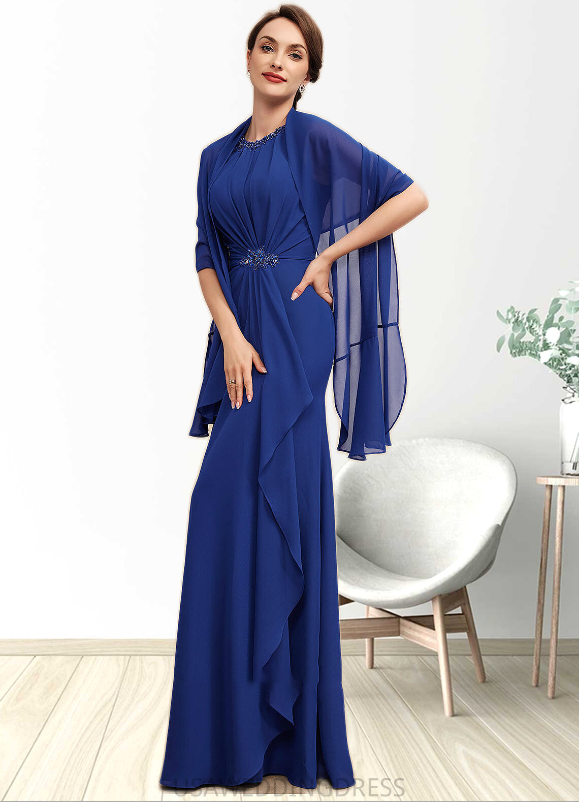 Ruby A-Line Scoop Neck Floor-Length Chiffon Mother of the Bride Dress With Beading Cascading Ruffles DS126P0014781