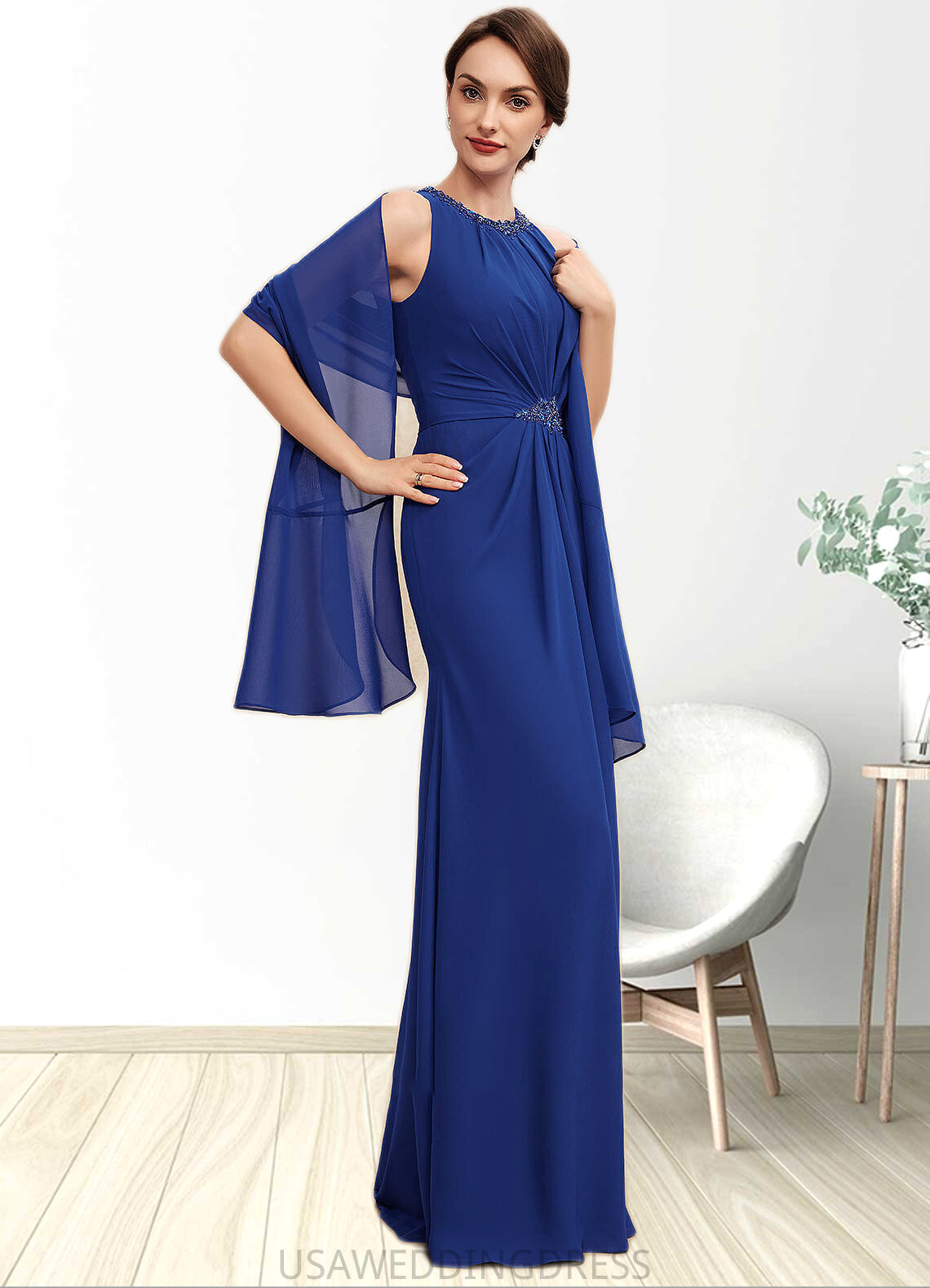 Ruby A-Line Scoop Neck Floor-Length Chiffon Mother of the Bride Dress With Beading Cascading Ruffles DS126P0014781