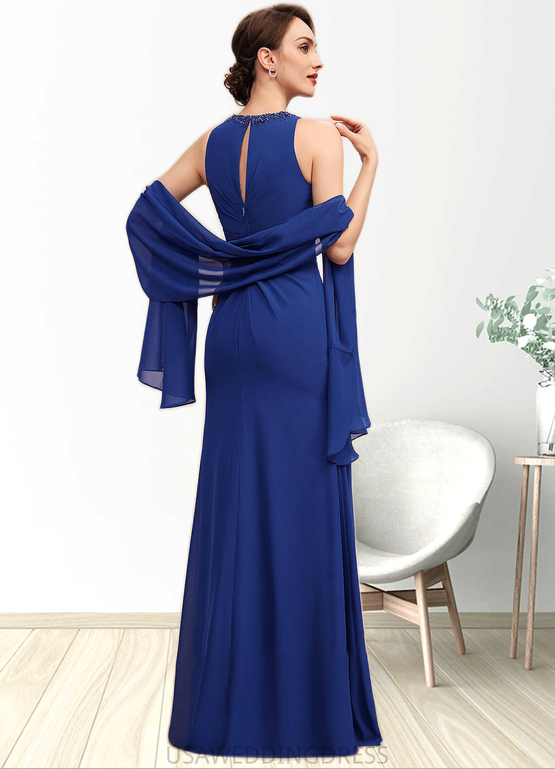 Ruby A-Line Scoop Neck Floor-Length Chiffon Mother of the Bride Dress With Beading Cascading Ruffles DS126P0014781