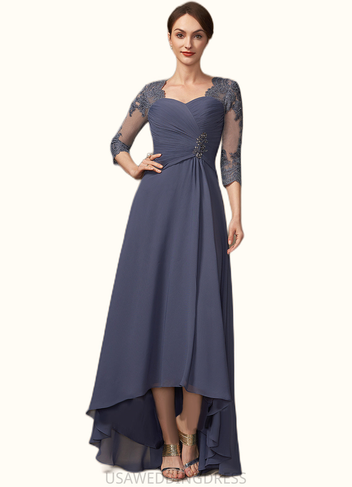 Nadine A-Line Sweetheart Asymmetrical Chiffon Lace Mother of the Bride Dress With Beading Sequins DS126P0014783