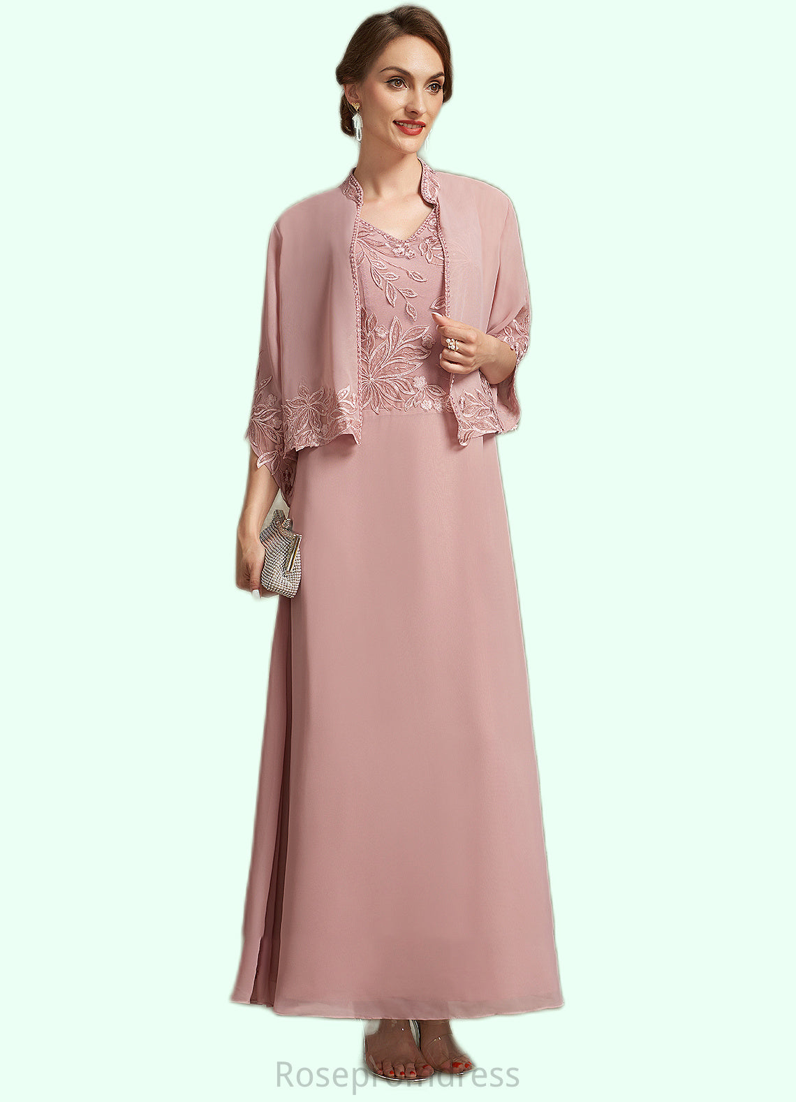 Emilie A-Line V-neck Ankle-Length Chiffon Lace Mother of the Bride Dress With Beading Sequins SRS126P0014784