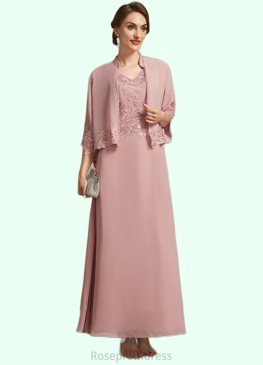 Emilie A-Line V-neck Ankle-Length Chiffon Lace Mother of the Bride Dress With Beading Sequins SRS126P0014784