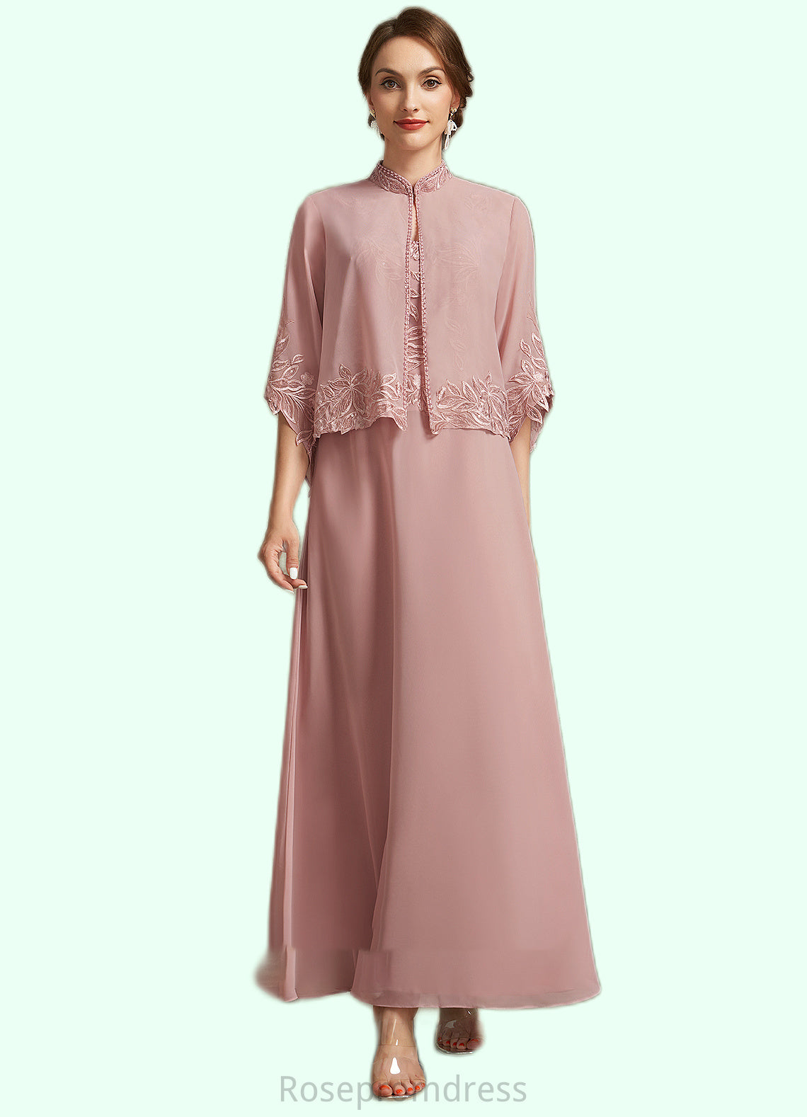 Emilie A-Line V-neck Ankle-Length Chiffon Lace Mother of the Bride Dress With Beading Sequins SRS126P0014784