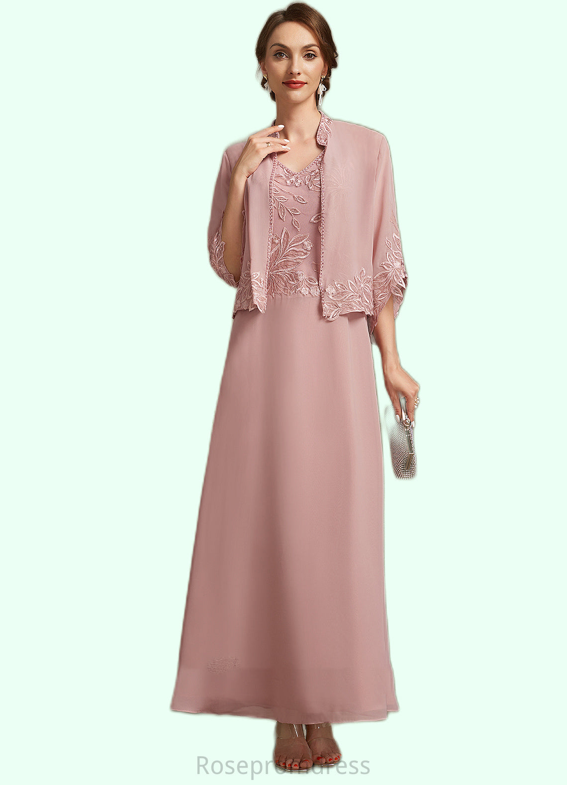 Emilie A-Line V-neck Ankle-Length Chiffon Lace Mother of the Bride Dress With Beading Sequins SRS126P0014784