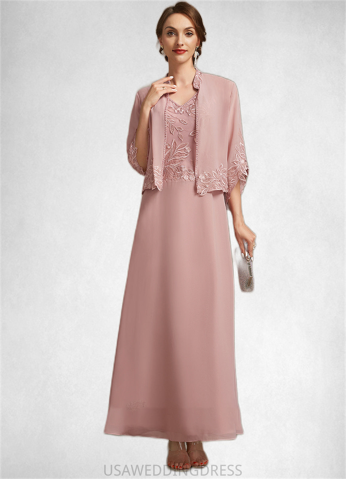 Janet A-Line V-neck Ankle-Length Chiffon Lace Mother of the Bride Dress With Beading Sequins DS126P0014784