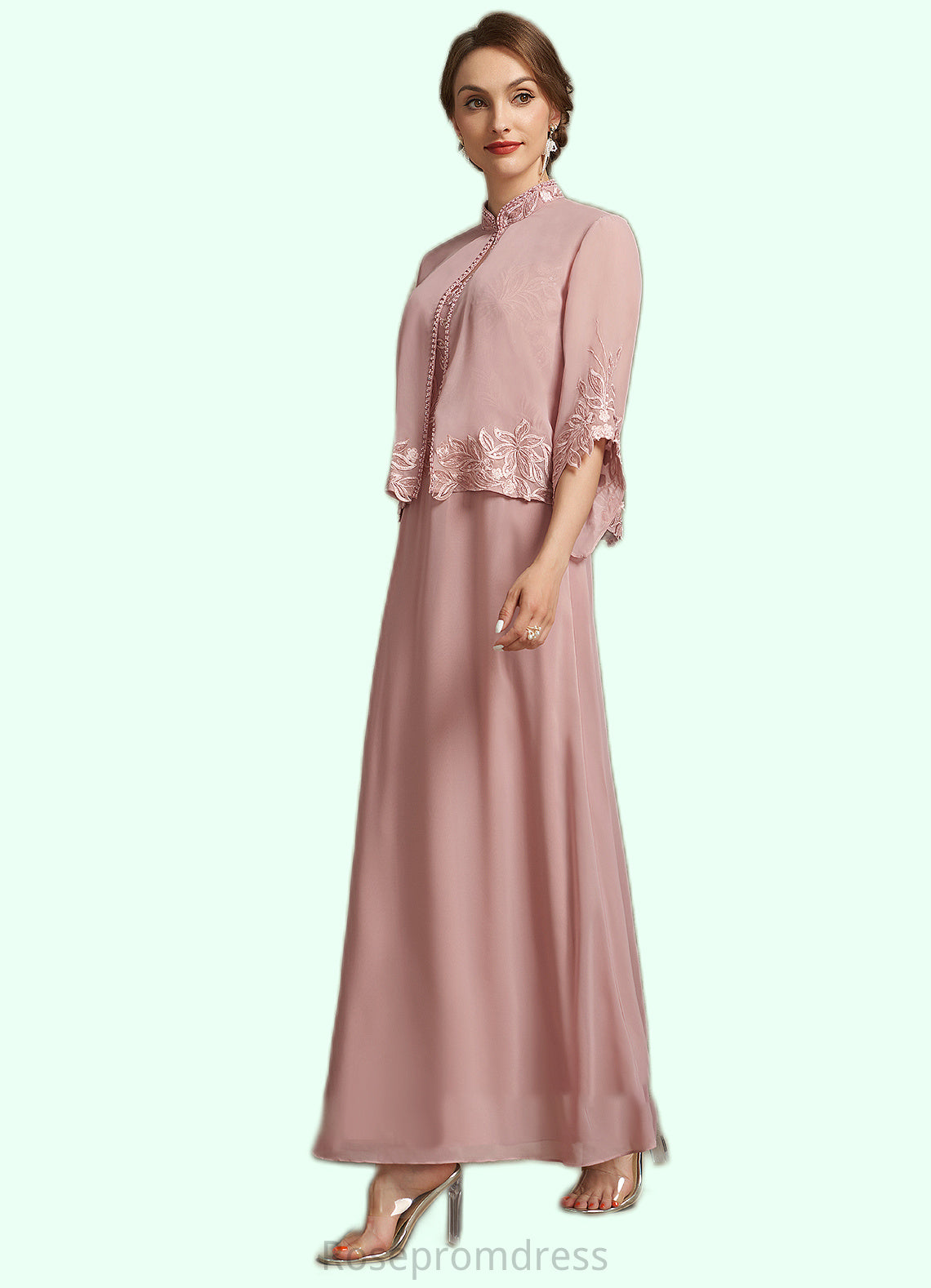 Emilie A-Line V-neck Ankle-Length Chiffon Lace Mother of the Bride Dress With Beading Sequins SRS126P0014784