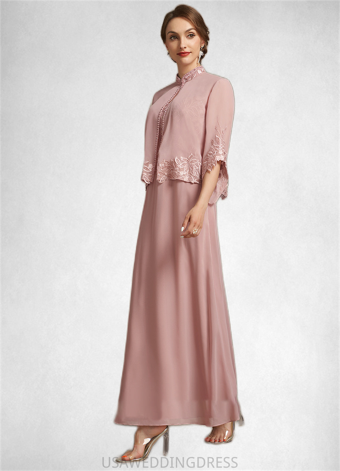 Janet A-Line V-neck Ankle-Length Chiffon Lace Mother of the Bride Dress With Beading Sequins DS126P0014784